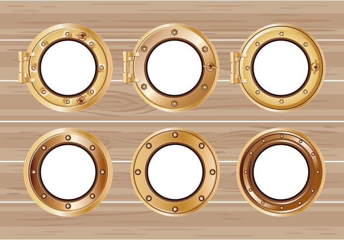 Set Illustration of a Bronze Ship Porthole or Ship WIndow on Wood Background vector