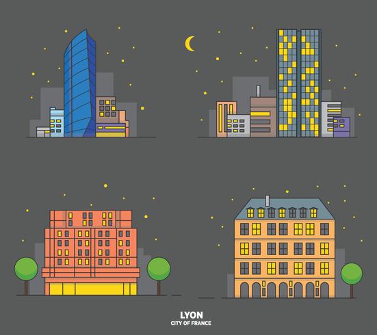 Lyon Landmark Building Night City Vector Illustration