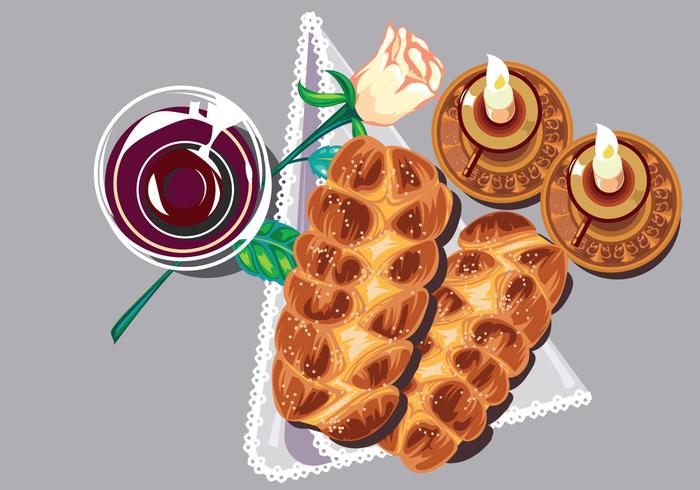 Shabbat Shalom. Candles, Kiddush Cup and Challah vector