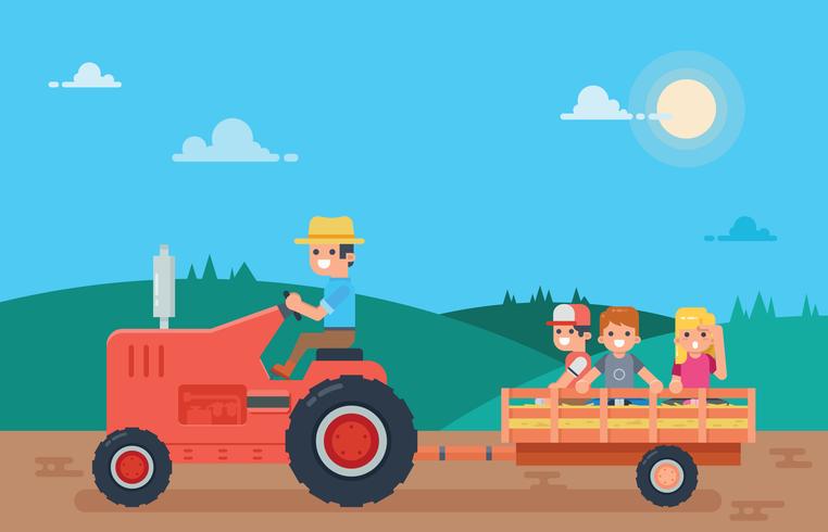 Los niños disfrutan de Hayride en un camino rural vector