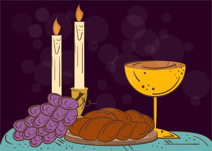 Illustration Of Shabbat Candles, Kiddush Cup And Challah vector