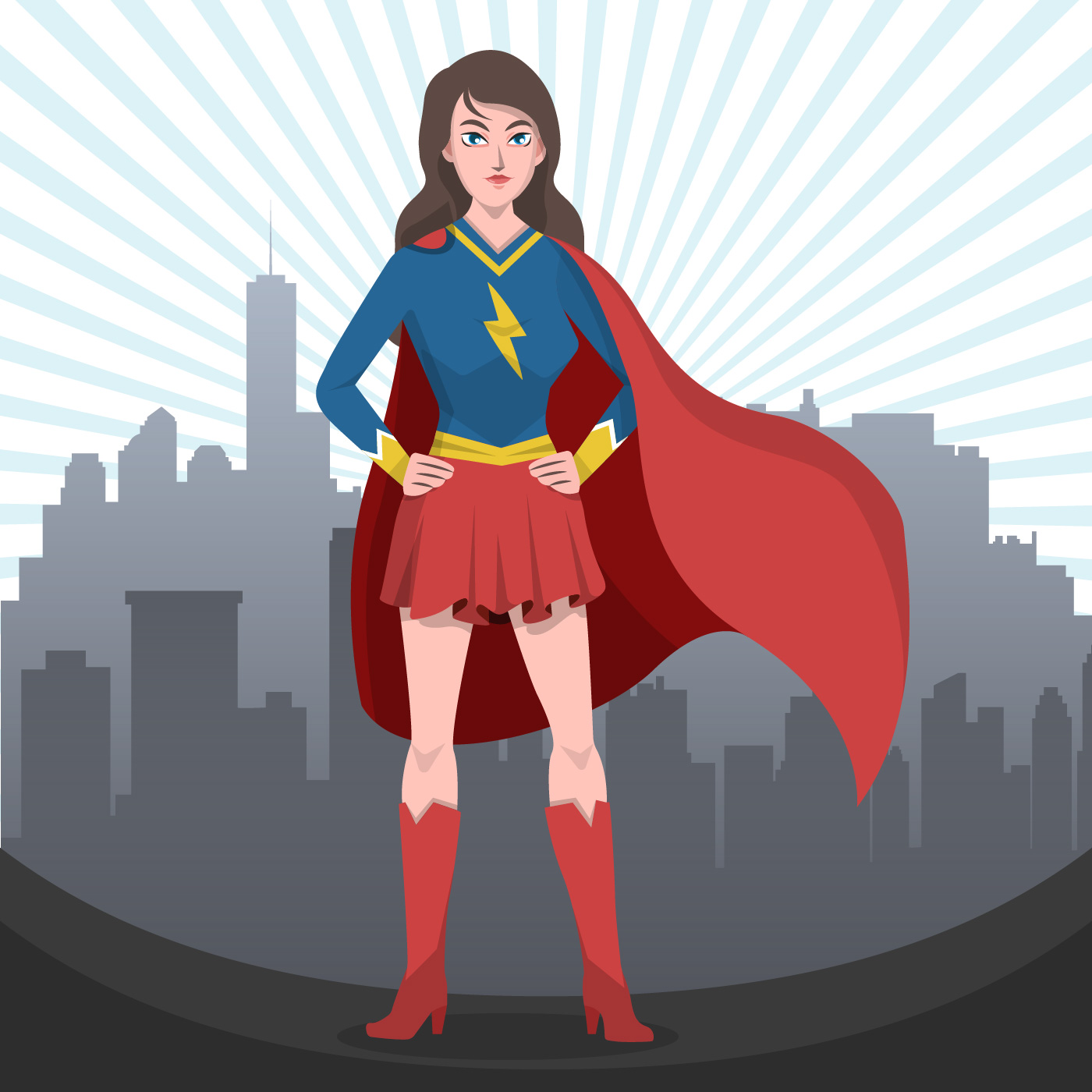 Woman superhero cartoon character. Wonder woman with cape of superman.  Confident business lady focused on success. Flat beautiful female super  hero Stock Vector