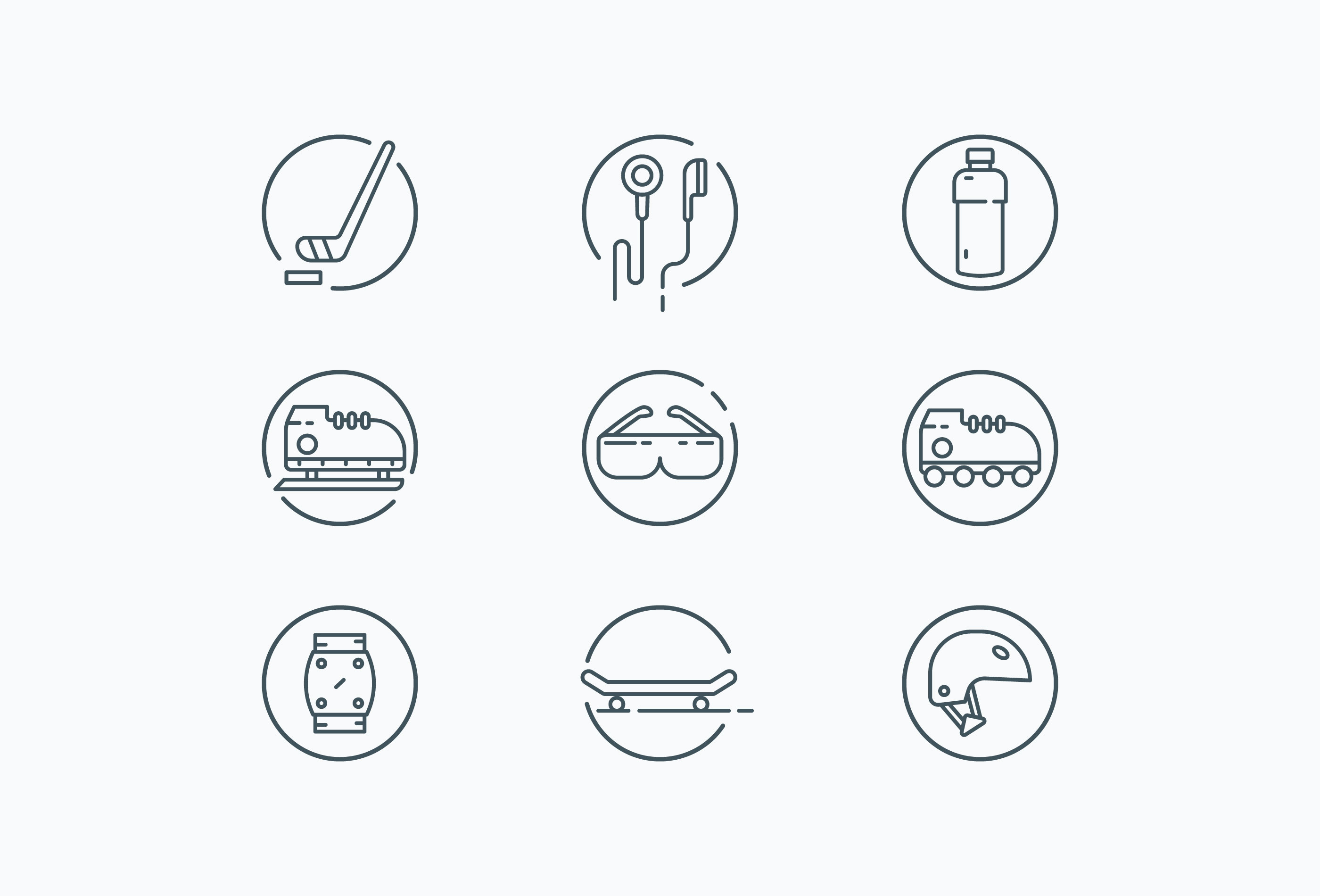 Icons of rollerblade, skateboard, ice skate, and other related objects