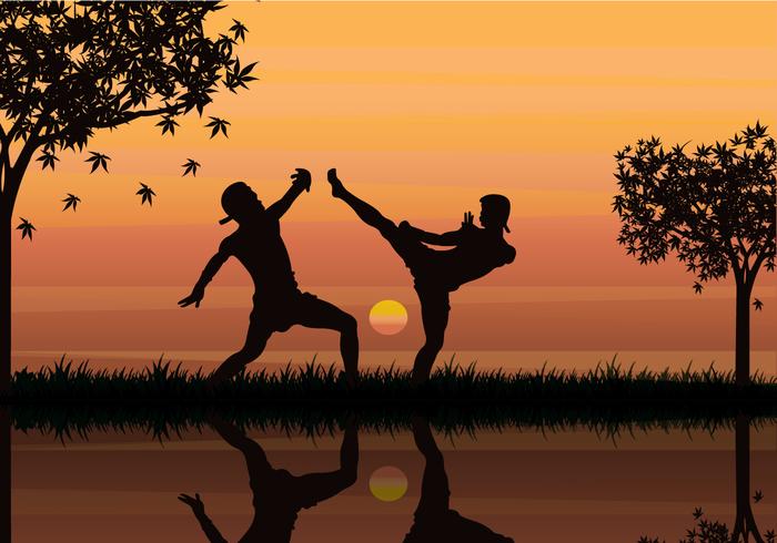 Two Man Fight With Muay Thai Style Vector Illustration Silhouette