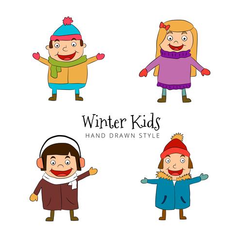 Carácter de niños divertidos vistiendo traje de invierno colección vector