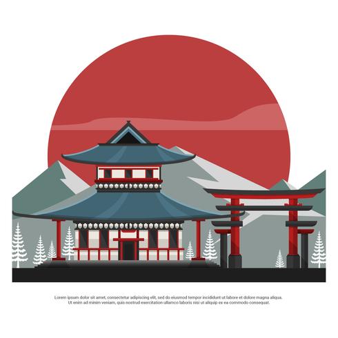 Shrine With Torii And Mountain Flat Vector Illustration