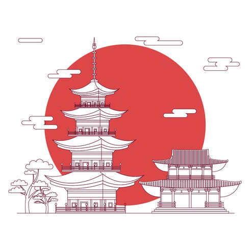 Santuario con Torii Linear Vector Illustration