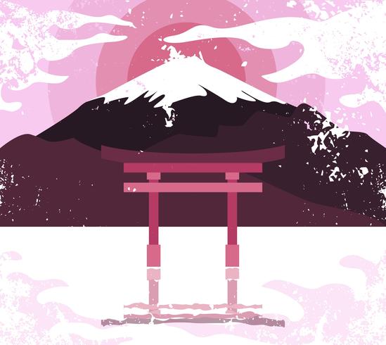 Shrine Torri Landscape Illustration Vector