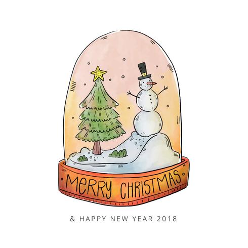 Watercolor Christmas Snowball With Christmas Tree And Snowman vector