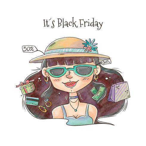 Black Friday Cute Woman con ventas y compras Vector