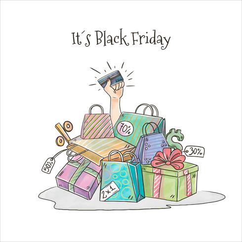 Mano con tarjeta de crédito y bolsas para Black Friday Vector