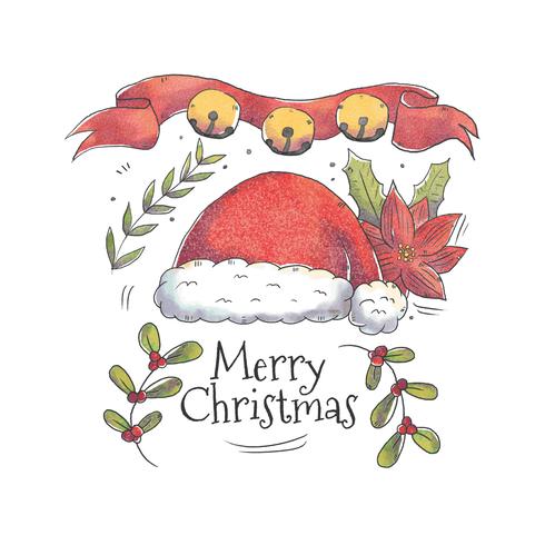 Cute Santa Hat With Christmas Leaves and Poinsettia Vector 