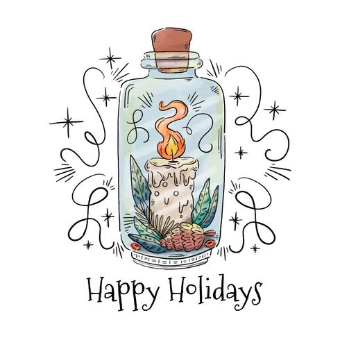 Cute Jar With Christmas Candle, Leaves And Berries vector