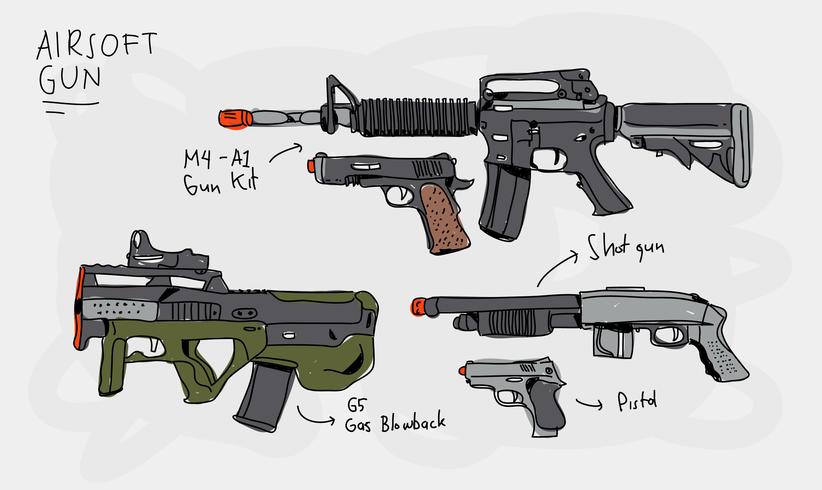 Ilustración de vector dibujado a mano colección de armas de airsoft