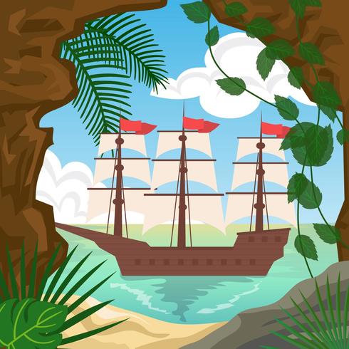 Cala en isla tropical con vector de barco