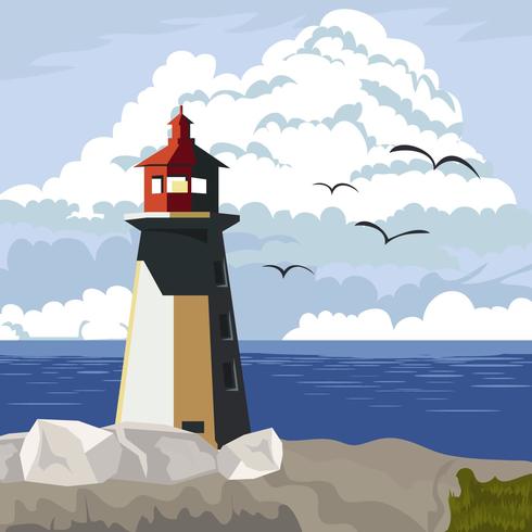 Lighthouse In Cove With Sea View vector