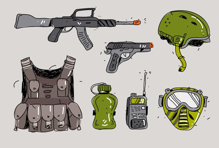 Ilustración de vector dibujado mano de kit de arma de airsoft