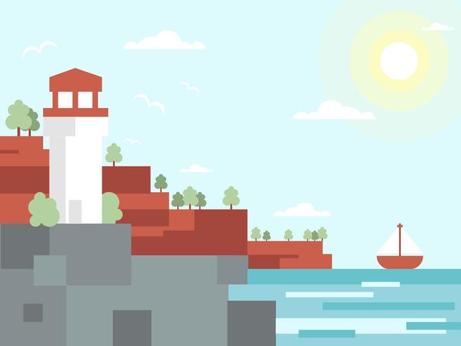 Cove Paradise Beach Lighthouse Landscape Flat Illustration Vector