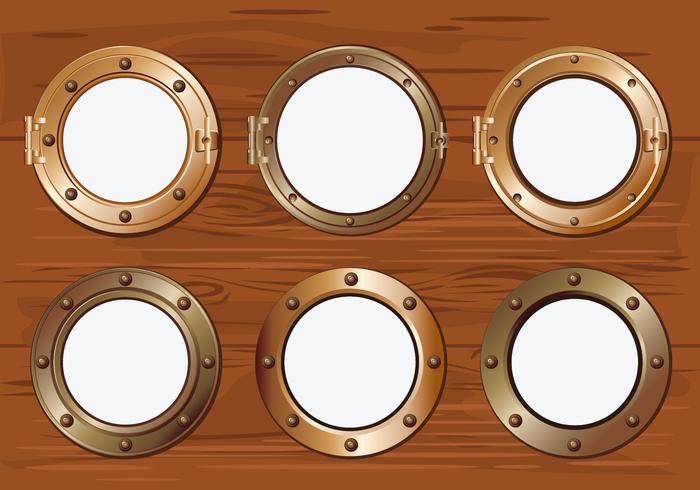 Gold Porthole or Ship Window on Wood Background vector