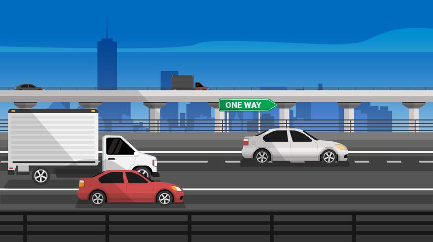 Carretera, camino, con, coche, y, camión, vector, ilustración vector