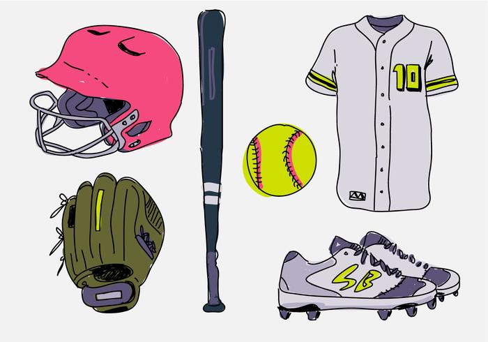 cosas de softball paquete de arranque dibujado a mano ilustración vectorial vector