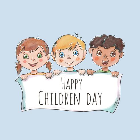 Cute Children Character Holding White Banner for Children Day vector