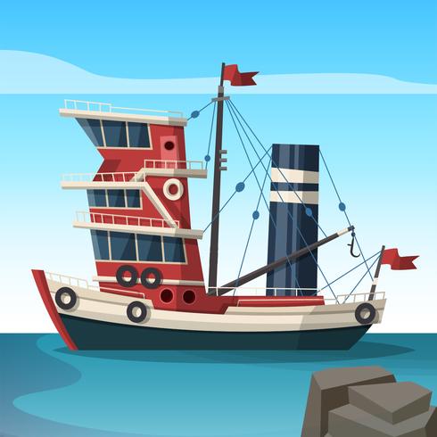 Ilustración de Red Tawler Boat Vector Flat