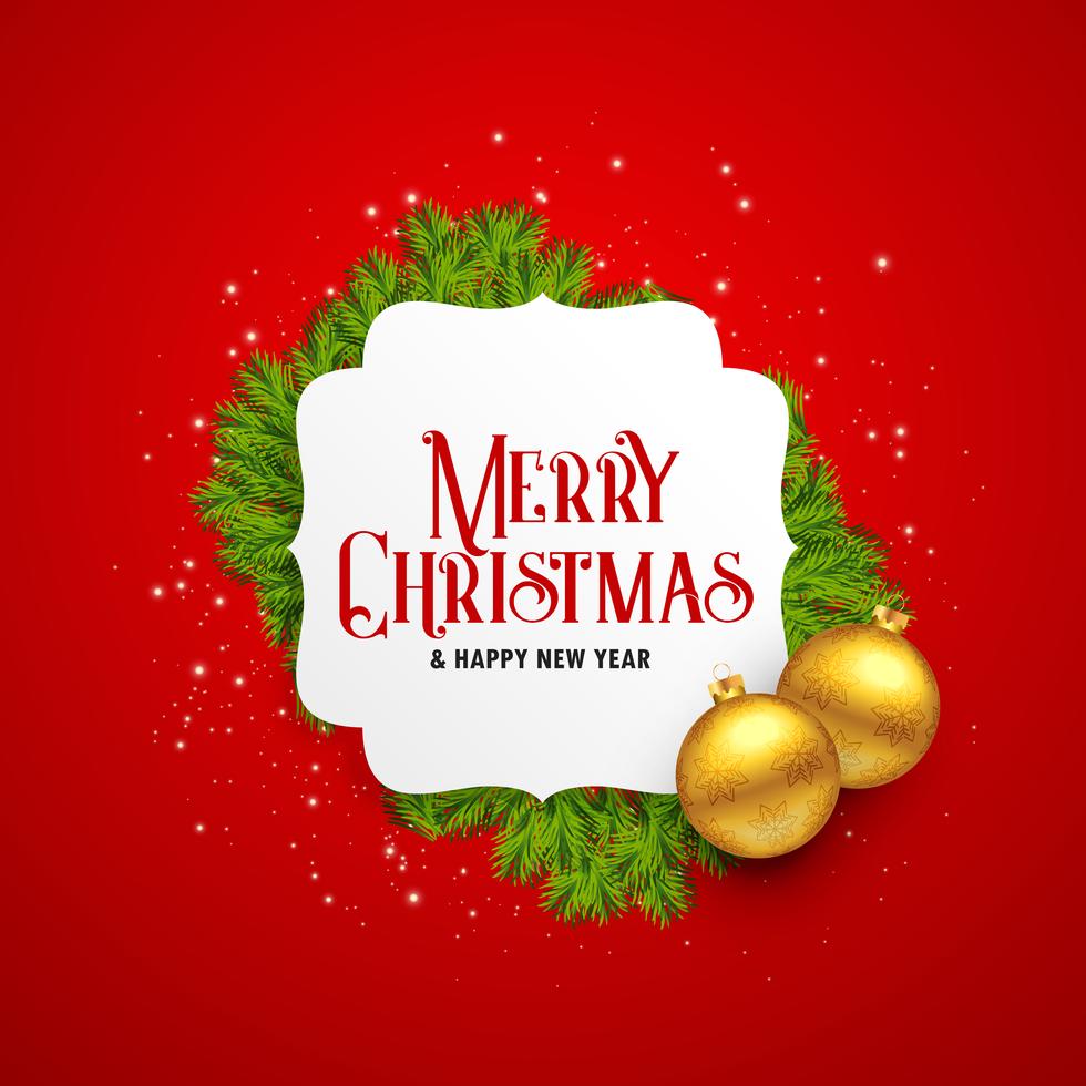 Merry Christmas Greeting Card Design With Golden Balls And Leave 
