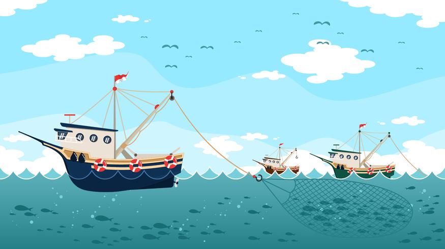 Trawlers Catching Fish Vector