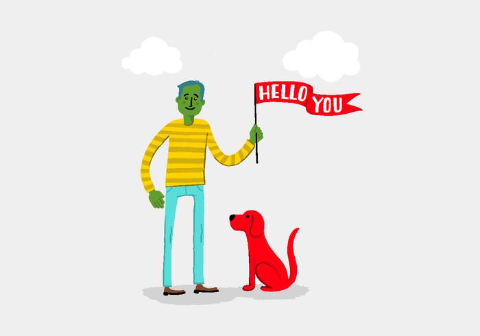 Green Man with Hello Banner  Dog Vector