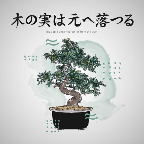 Japanese Letters Quotes With Bonsai Tree Vector Illustration 