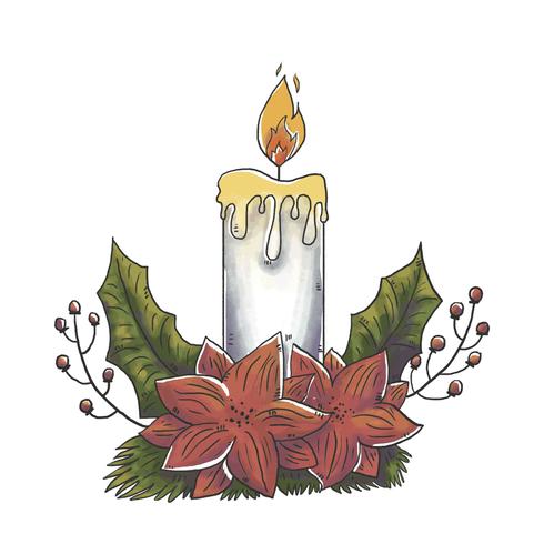 Cute Christmas Candle With Red Flowers And Leaves vector