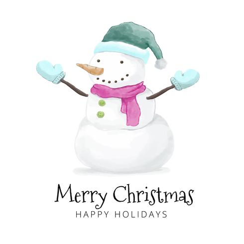 Watercolor Cute Snowman Smiling Wearing Snow Cap And Gloves vector