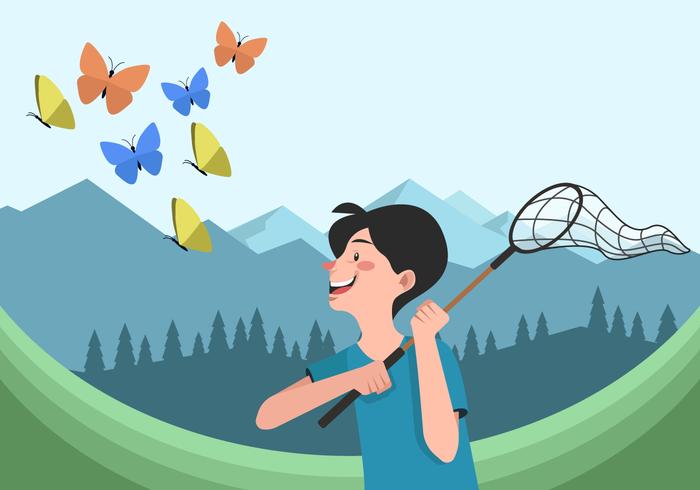 El hombre atrapa a la mariposa con una ilustración de Net Vectior vector