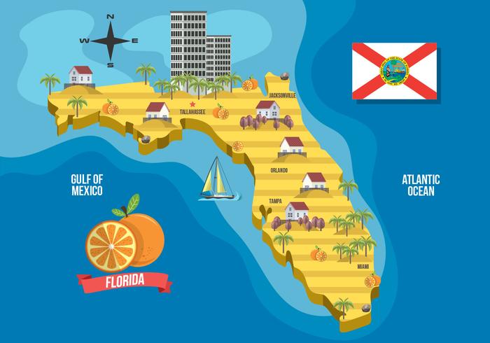 Florida Map With Landmark Vector Illustration 