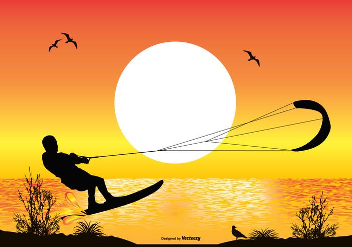 Escena del océano con Kite Surfer Silhouette vector