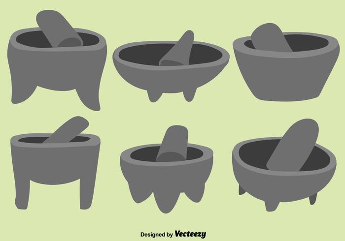 Vector Set Of Green Mexican Molcajete With Pestle