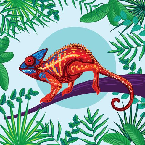 Chameleon Fantasy Rainbow Colors with Tropical Jungle Background vector