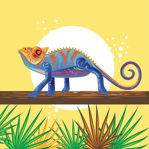 Beautiful Blue Chameleon Standing on a Tree vector