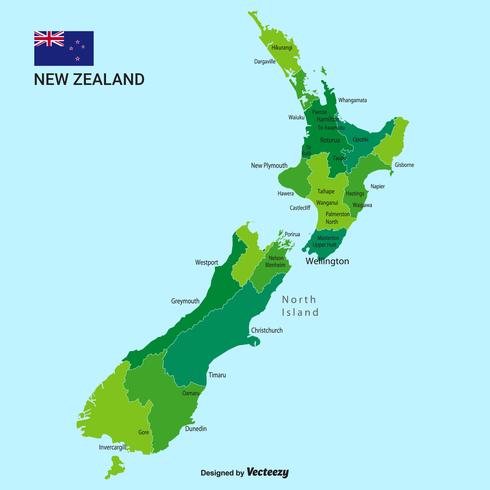 Vector Mapa de Nueva Zelanda con ciudades y regiones