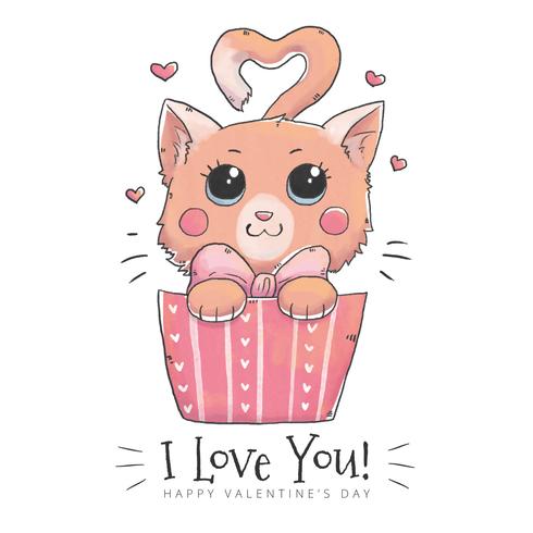 Lindo personaje de gato dentro de una caja de regalo para el día de San Valentín vector