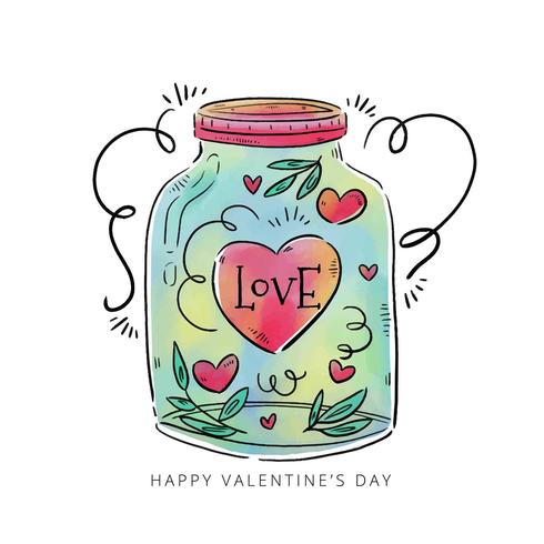 Cute Jar With Heart, Leaves And Ornaments Inside vector