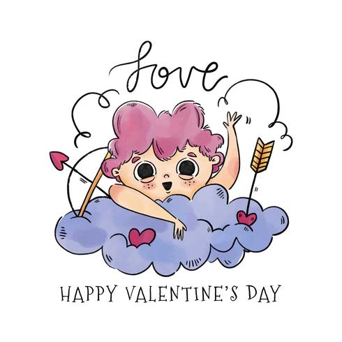 Lindo Cupido sobre la nube con elementos alrededor del día de San Valentín vector