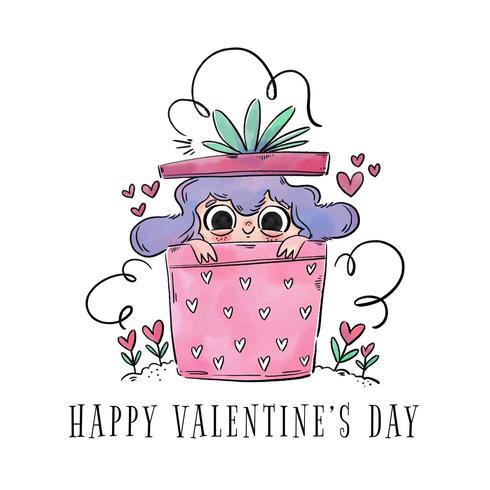 Cute Girl Inside A Gift To Be Used In Valentine's day vector