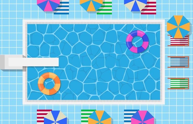 Piscina con anillo de natación inflable en forma de donut y trampolín para saltar Ilustración vector