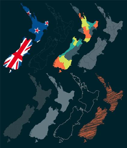 Vector conjunto de ilustraciones del mapa de Nueva Zelanda