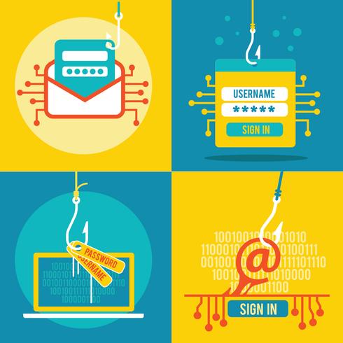 Conjunto de Phishing a través de la ilustración plana de Internet vector