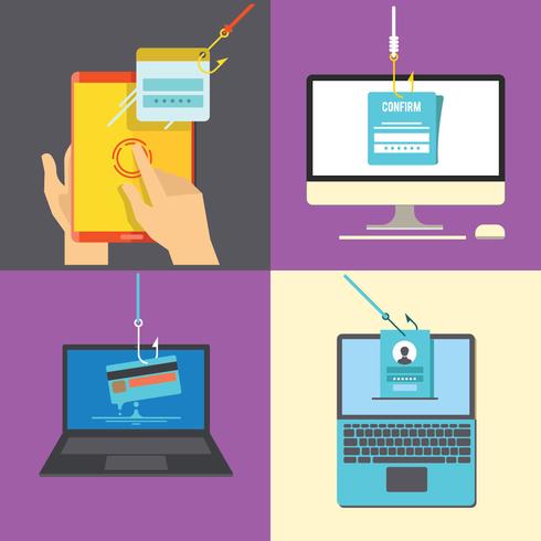 Conjunto de Phishing a través de la ilustración plana de Internet vector