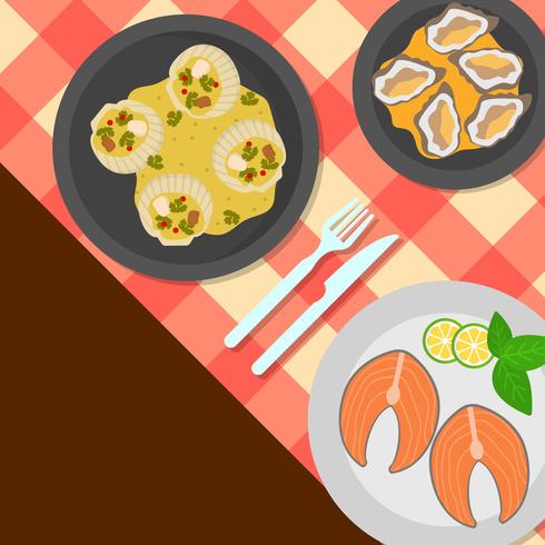 Flat Top View Scallops cuisine Vector Illustration