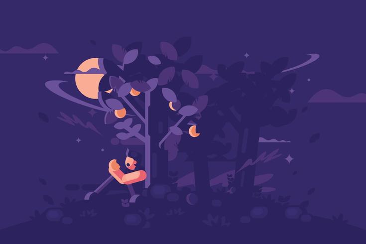 Descansando bajo un árbol de melocotón en la ilustración de la noche vector